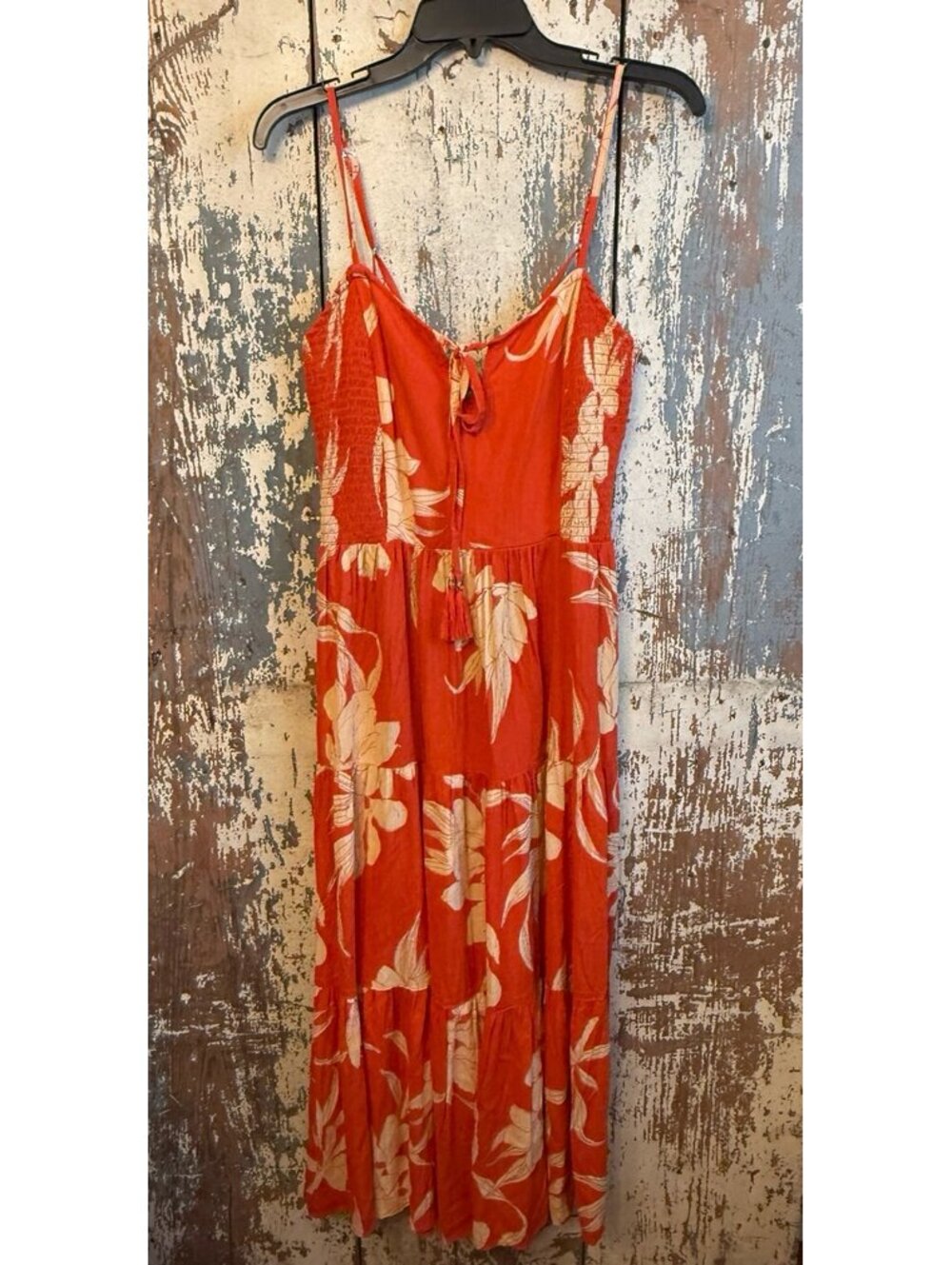 Angie Orange Cream Floral Maxi Dress, smocked bodice, crisscross tie back Medium